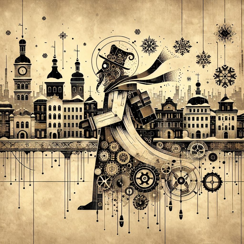 Steampunk Santa Claus in Winter Cityscape
