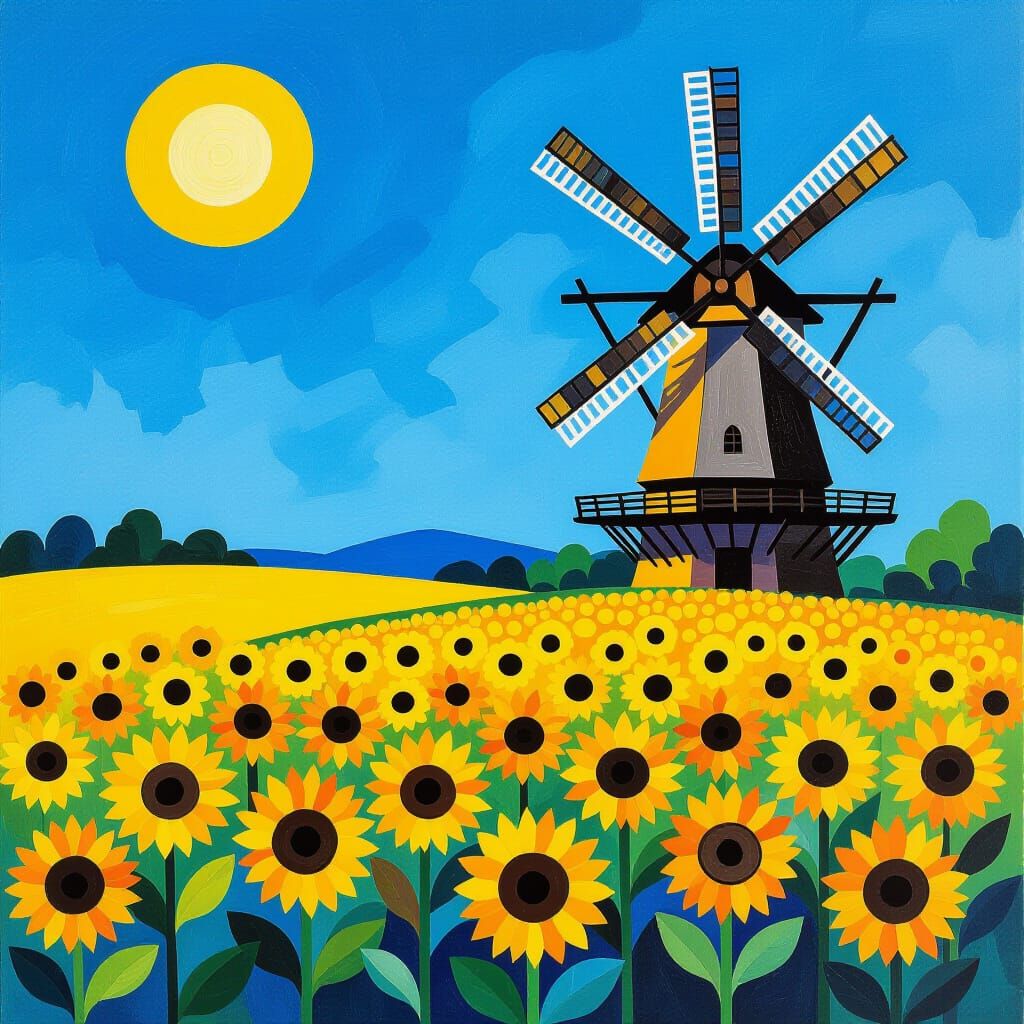 Sunflower Field with Windmill in Abstract Style