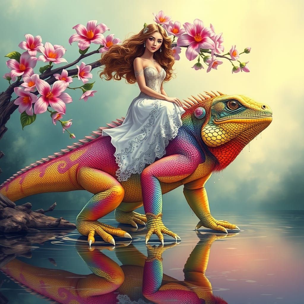 Woman Riding Rainbow Iguana in Comic Book Style