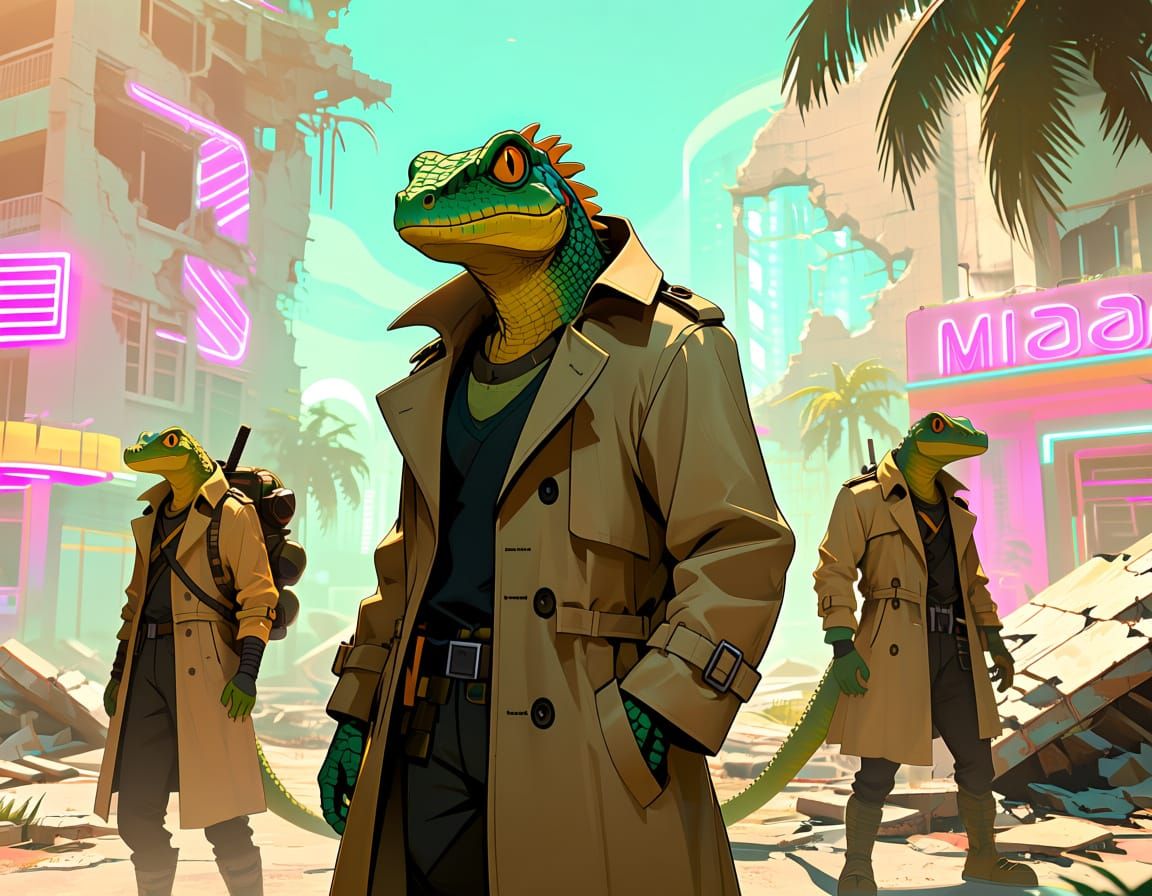 Reptilian Warriors in Miami Ruins, 3D Anime Style