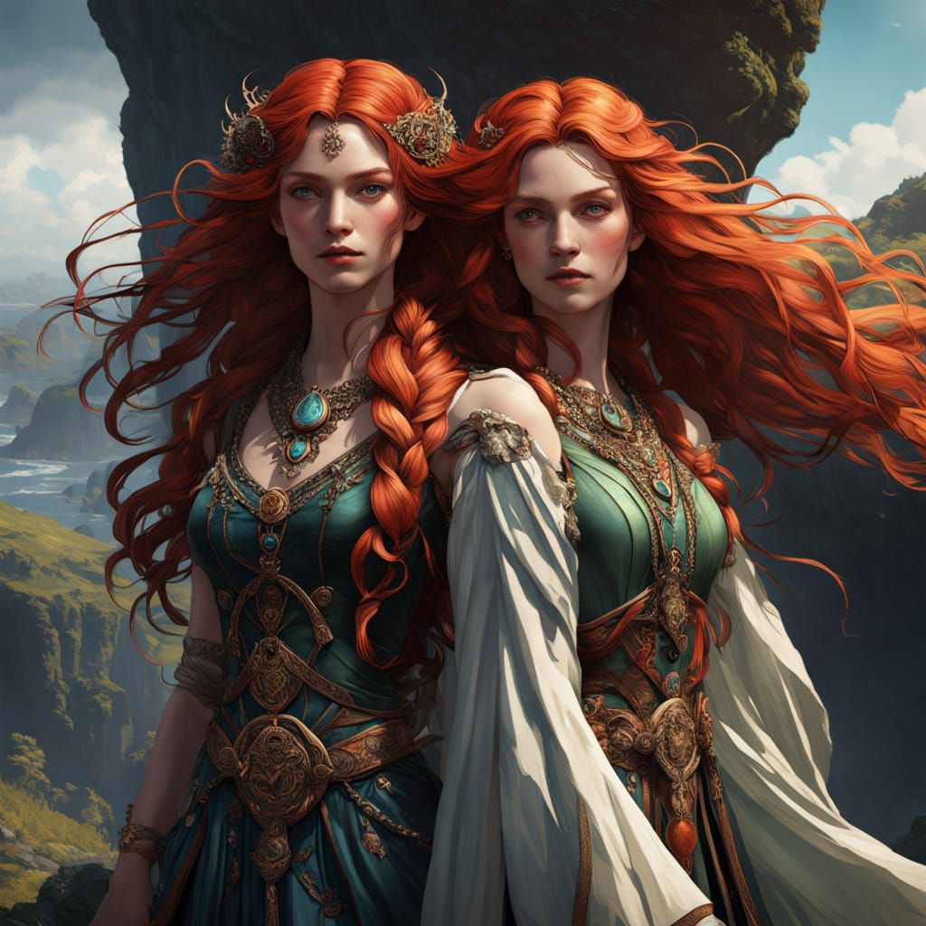 Celtic Queens Embrace on Windswept Cliff in Art Nouveau Styl...