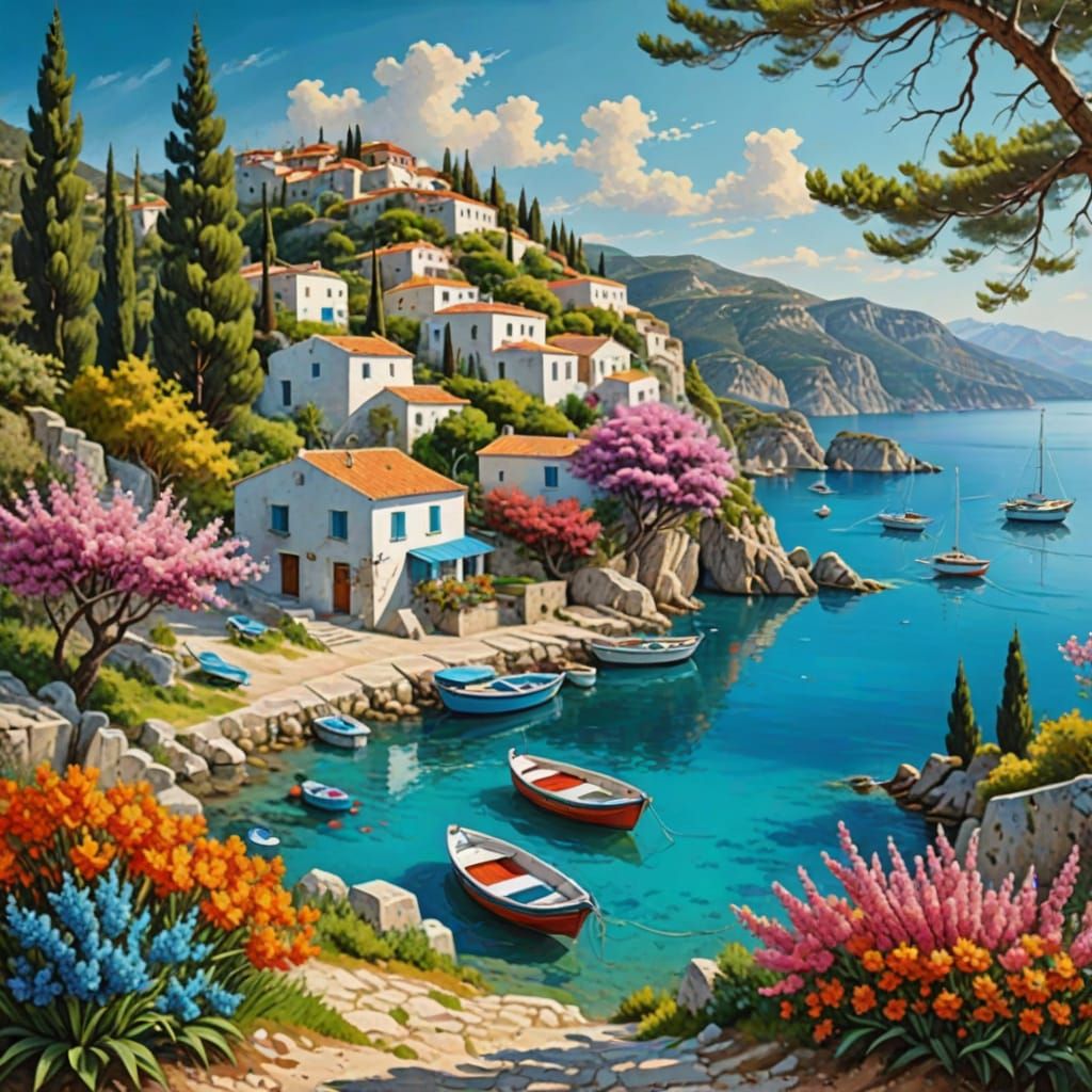 Greek Village Spring Landscape in Photorealistic Style