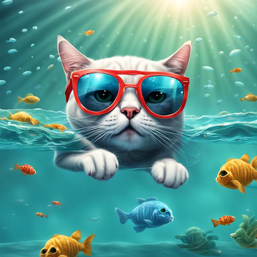 Cute Cat Swimming Pool, Realistic Sunglasses Style