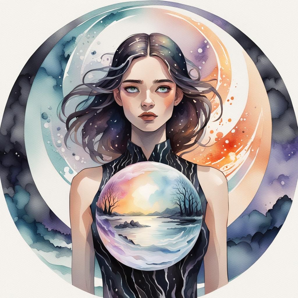 Mystical Orb Portrait in Dreamy Watercolor Style