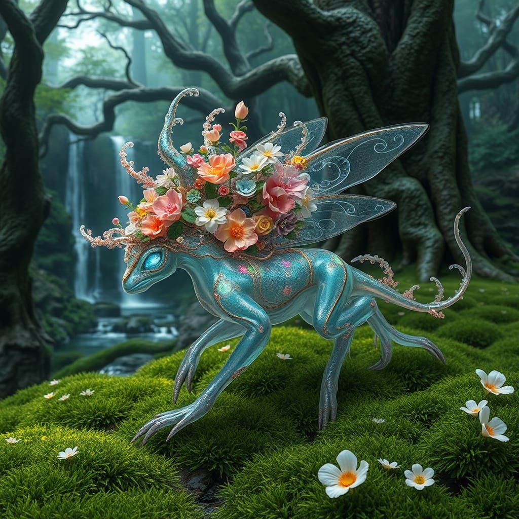 Iridescent Crystal Creature in Ethereal Forest