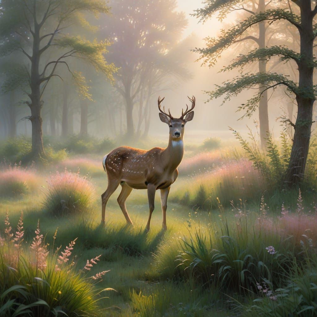 Gentle Deer in Misty Dawn Landscape