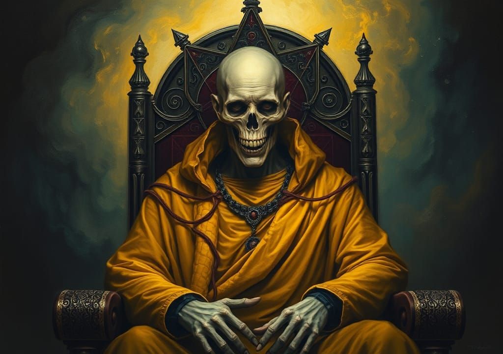 Eerie King in Yellow on Throne, Hyperrealistic Concept Art