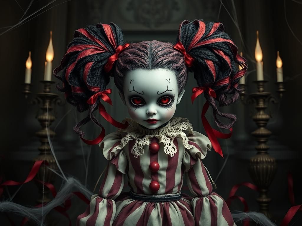 Eerie Harlequin Doll in Gothic Horror Style