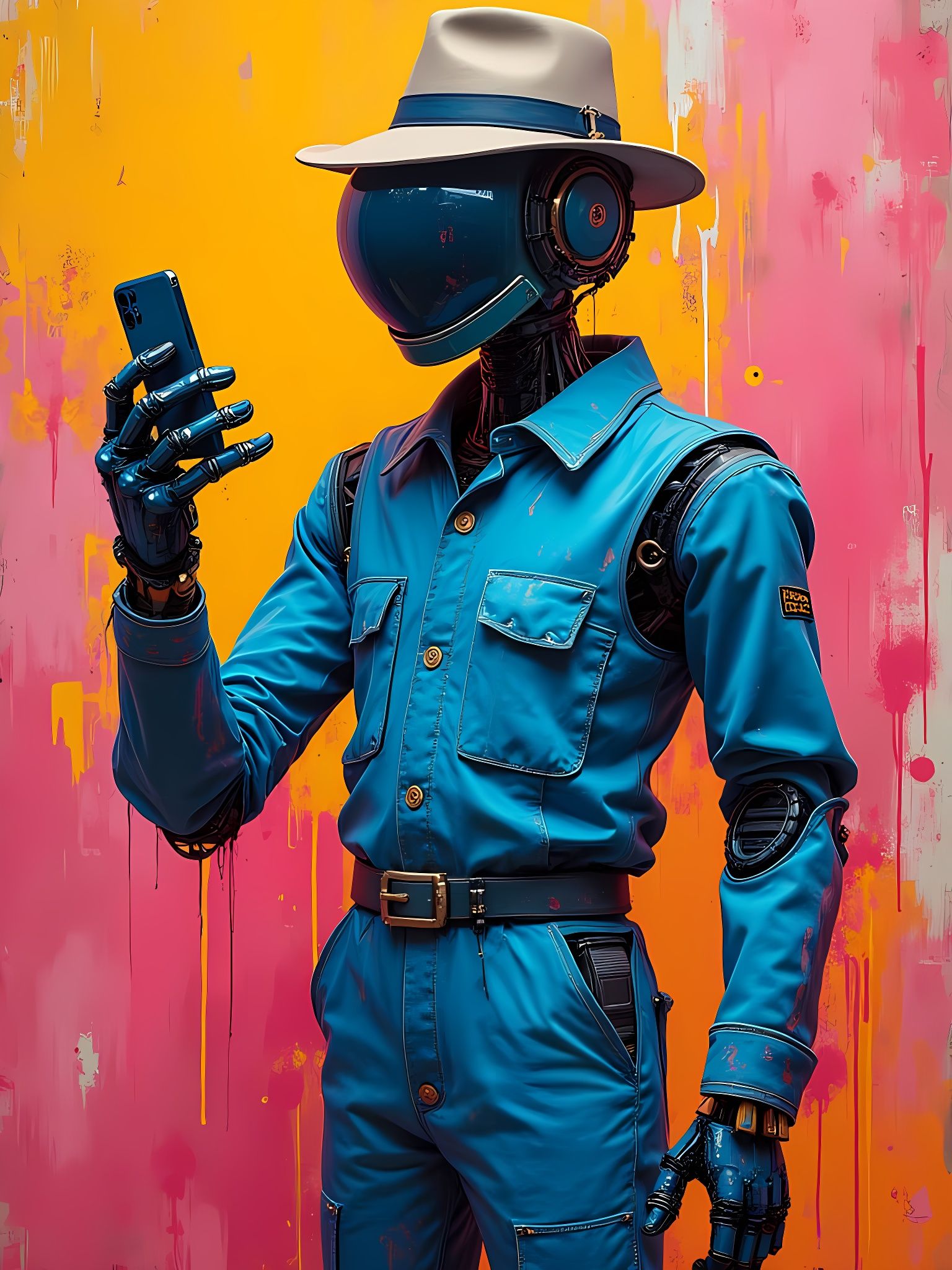 Robot in Vibrant Graffiti Art Style with Three Hands and Blu...