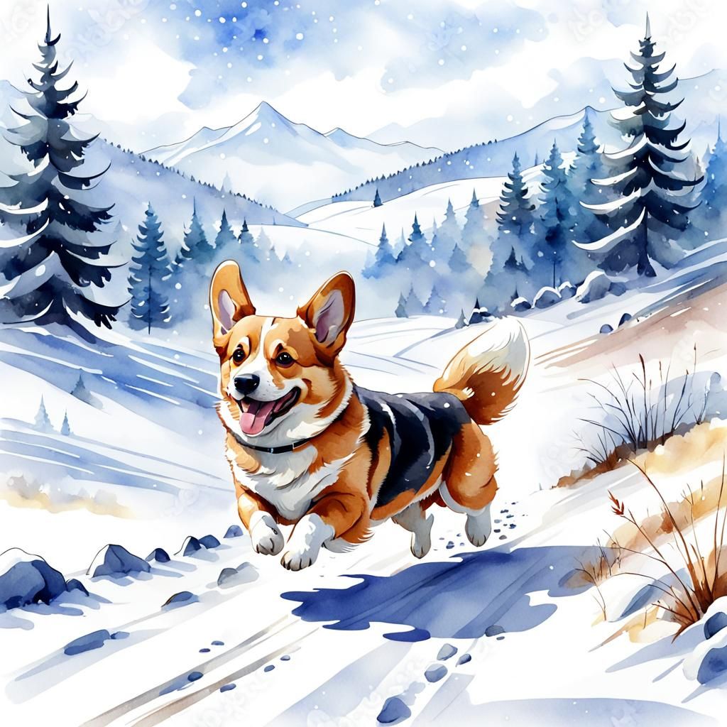 Joyful Corgi in Winter Landscape: Watercolor Cartoon