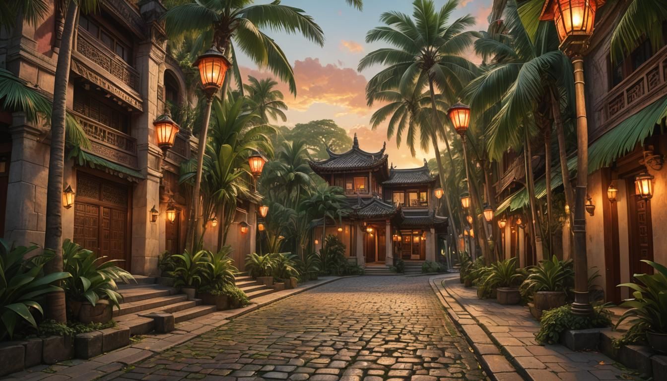 Tropical Cobblestone Street at Sunset in Hyperrealistic Styl...