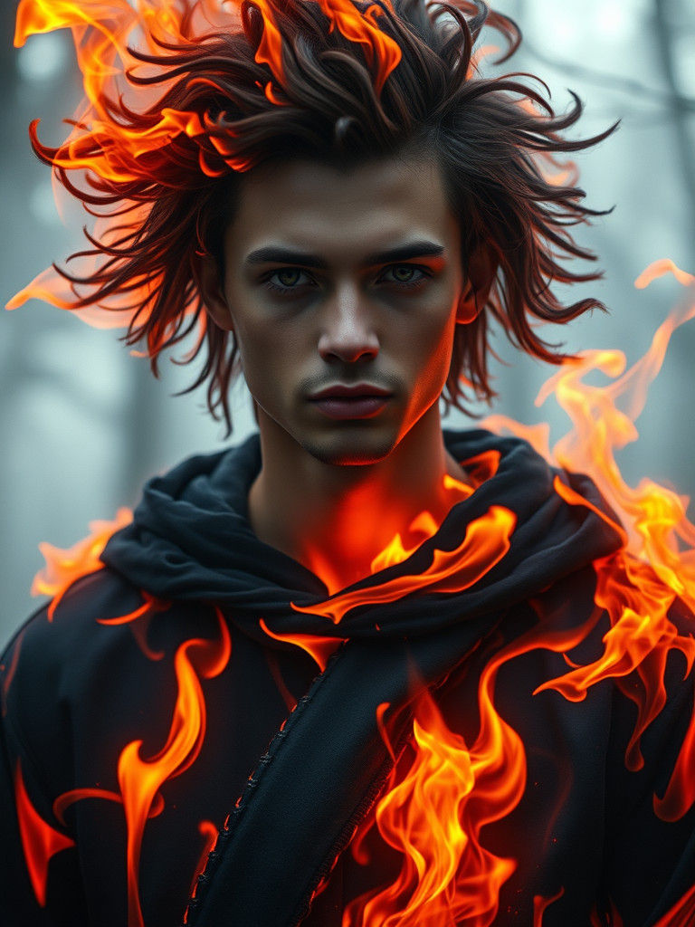 Ethereal Fire Being Portrait in a Misty Forest