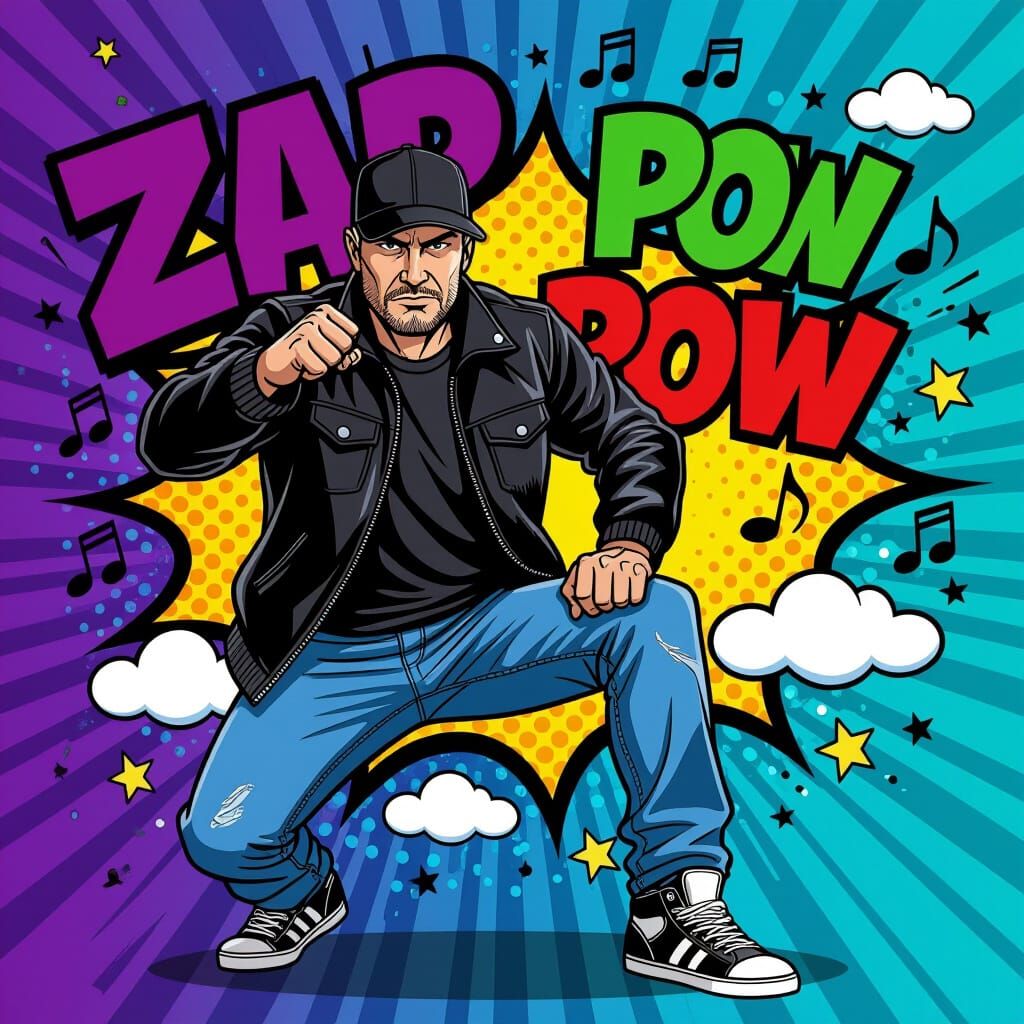Man in Pop Art Explosion with "Zap Pow" Text