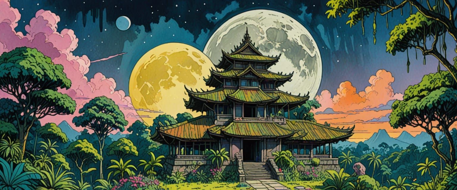 Moonlit Balinese Temple Overgrown by Jungle
