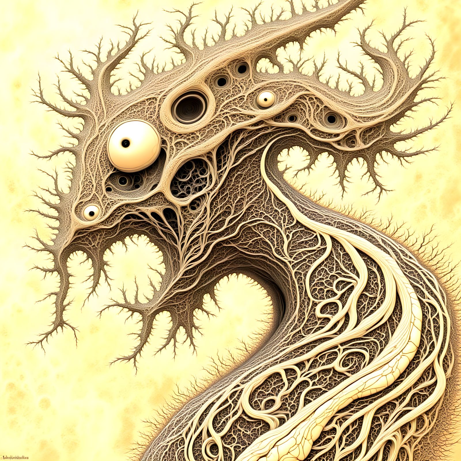 Abstract Beast With Human Face in Travertine Tile Style