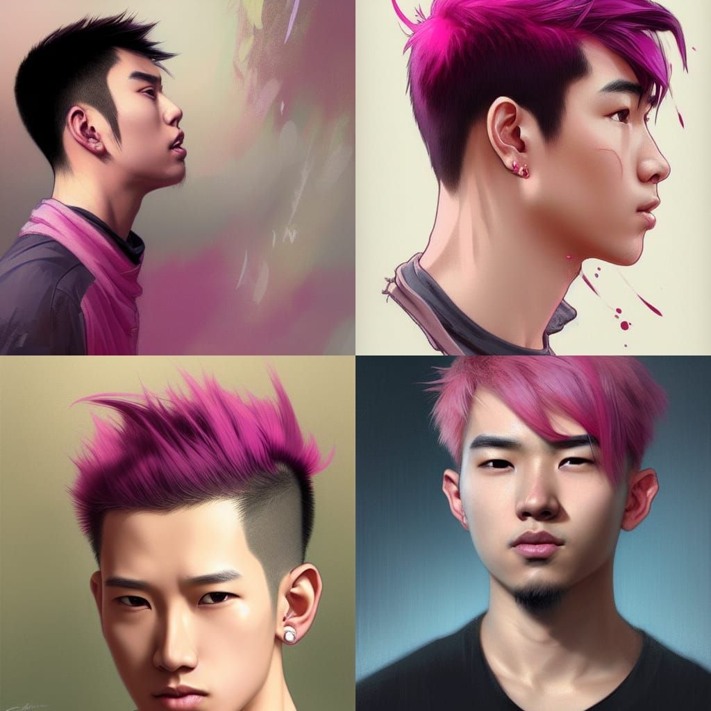 Asian Man Portrait with Pink Hair, Hyperdetailed Art