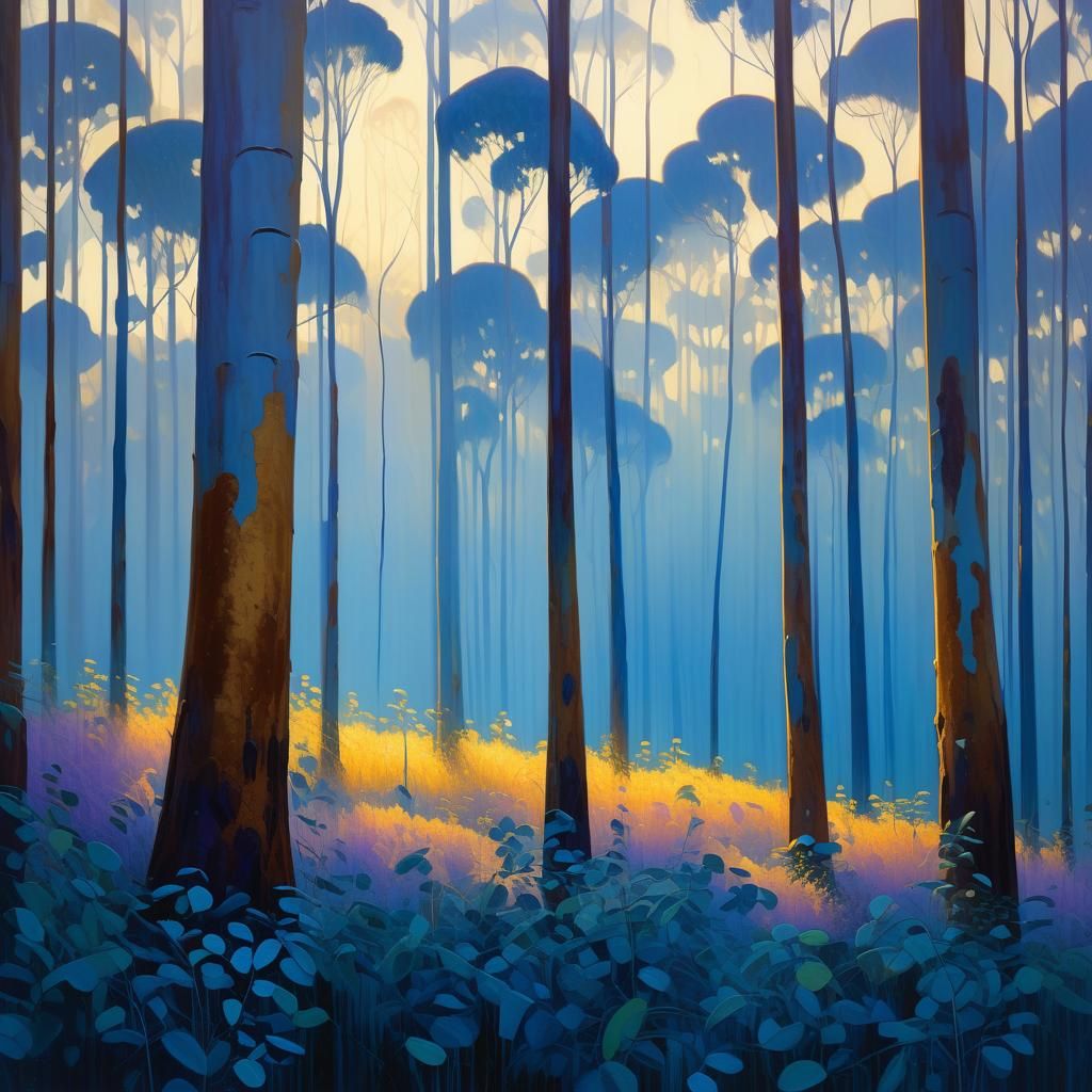 Misty Eucalyptus Grove in Golden Light