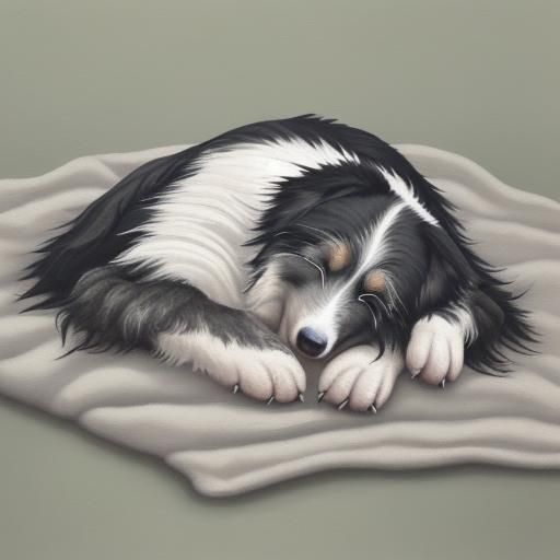 Elderly Border Collie Sleeping: Gouache Detailed Painting