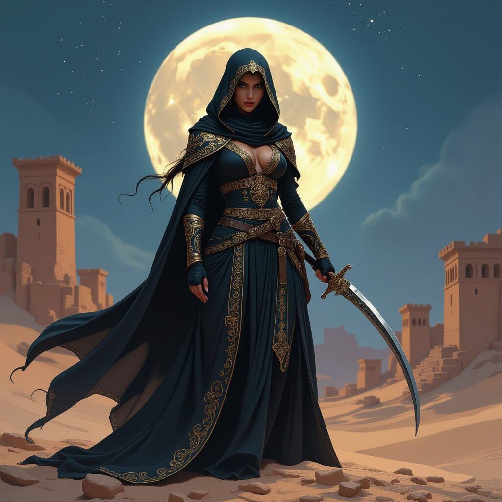 Hashshashin Warrior Woman in Moonlit Desert Ruins