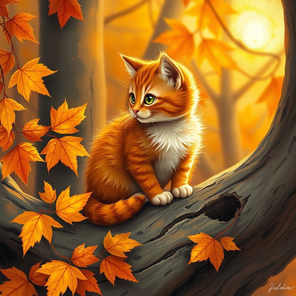 Warm Autumn Cat on Tree Trunk in Impressionist Style