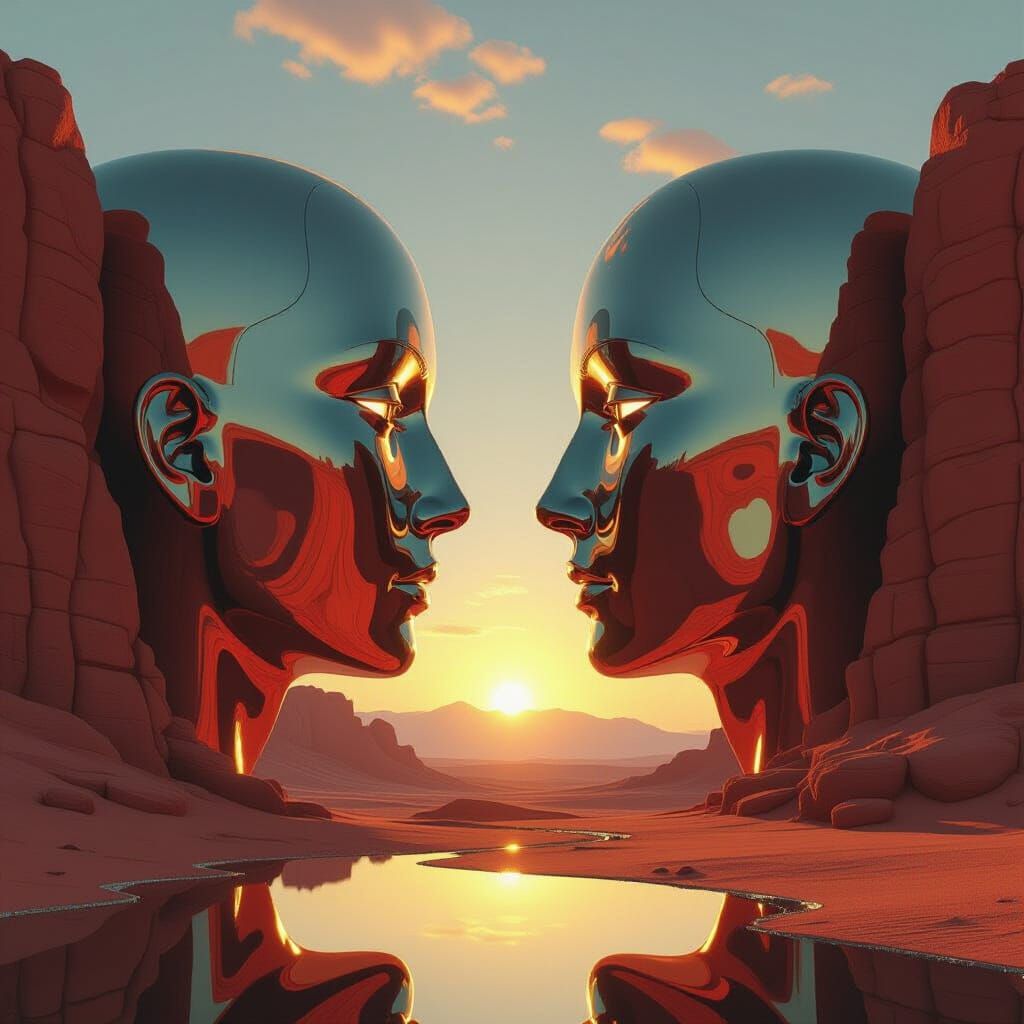 Futuristic Cityscape Reflected in Giant Desert Heads