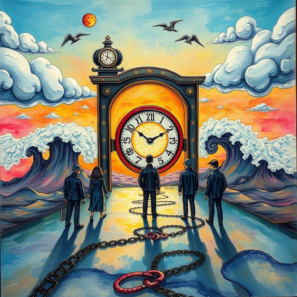 Figurines Enter Time Portal in Whimsical Landscape