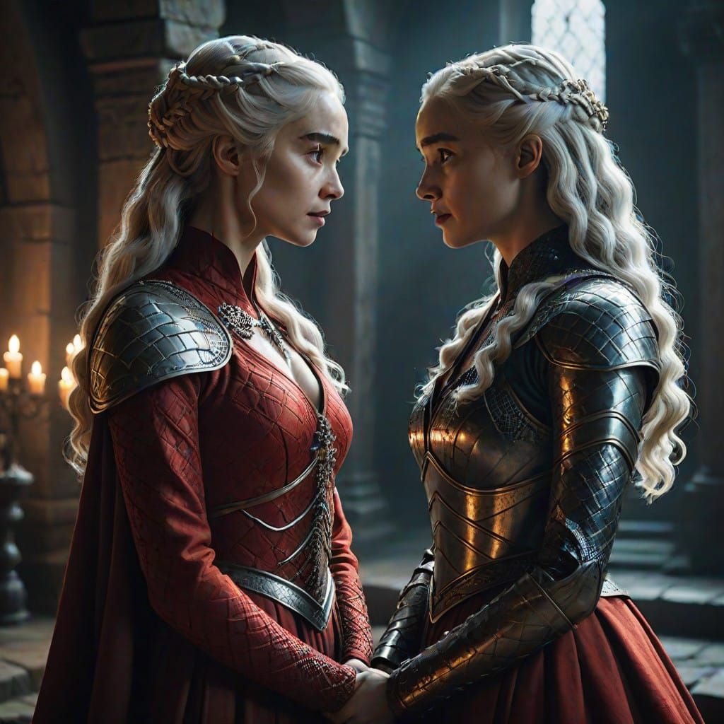 Epic Fantasy Scene: Regal Queen Shares Intense Moment with t...