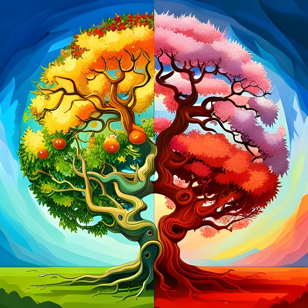 Four Seasons Apple Tree in Digital Illustration