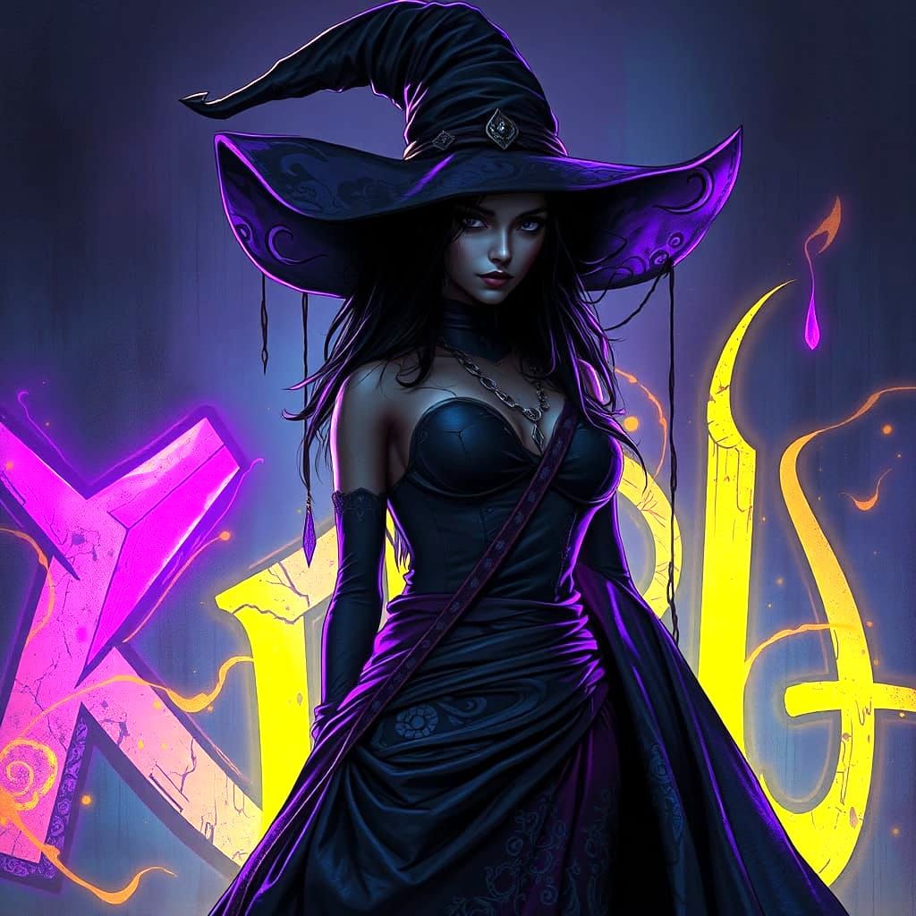 Cool, dark fantasy, painting, graffiti, 3d render, witch, brunette