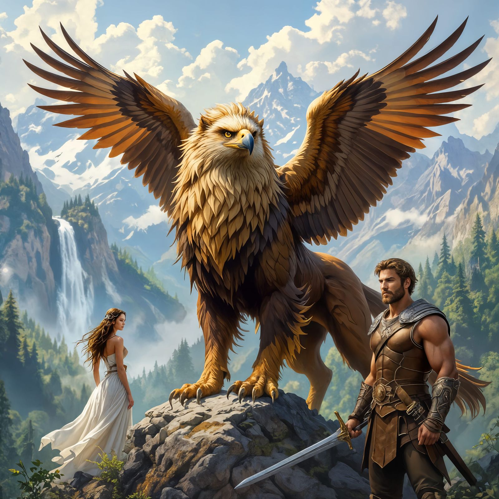 Griffon and Adventurers on Mountain Summit as Portrait