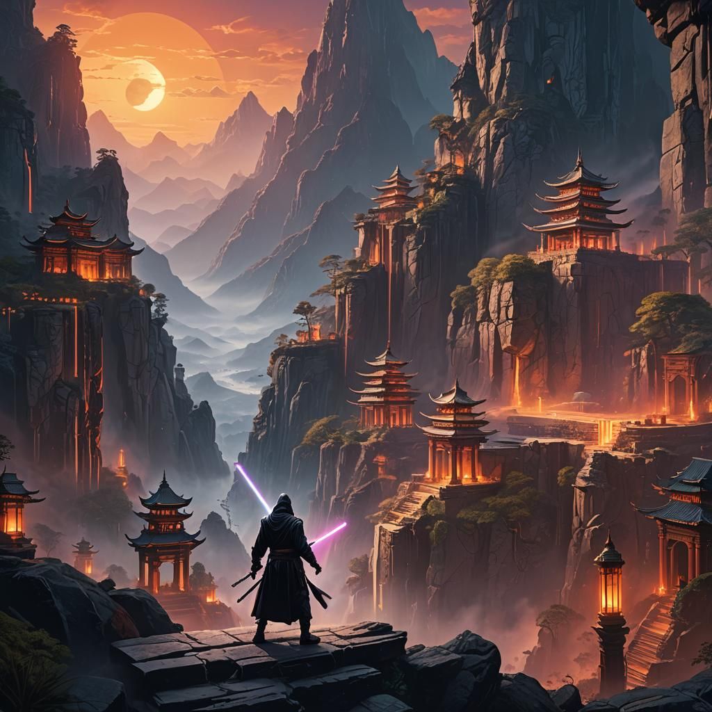 Jedi Ninja at Ancient Temple Sunset