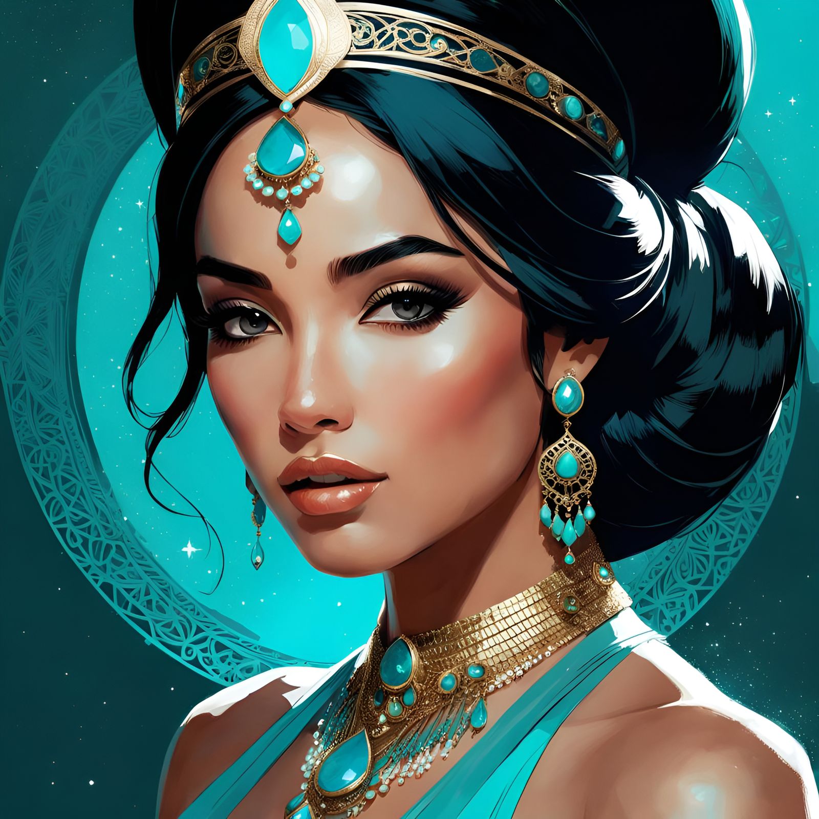 Gorgeous Princess Jasmine Portrait with Turquoise Filigree