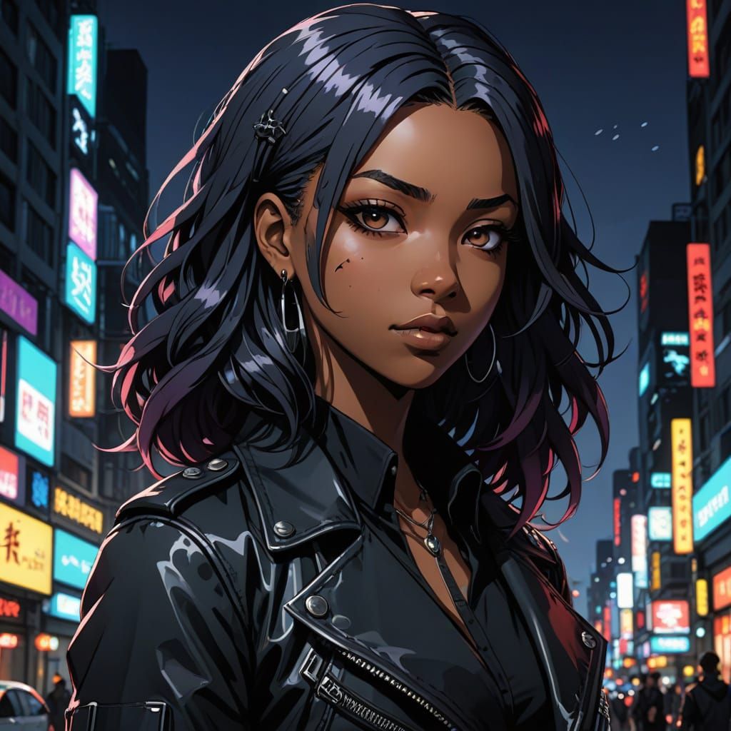 Confident Goth Biker Girl in Dark, Mysterious Anime Portrait