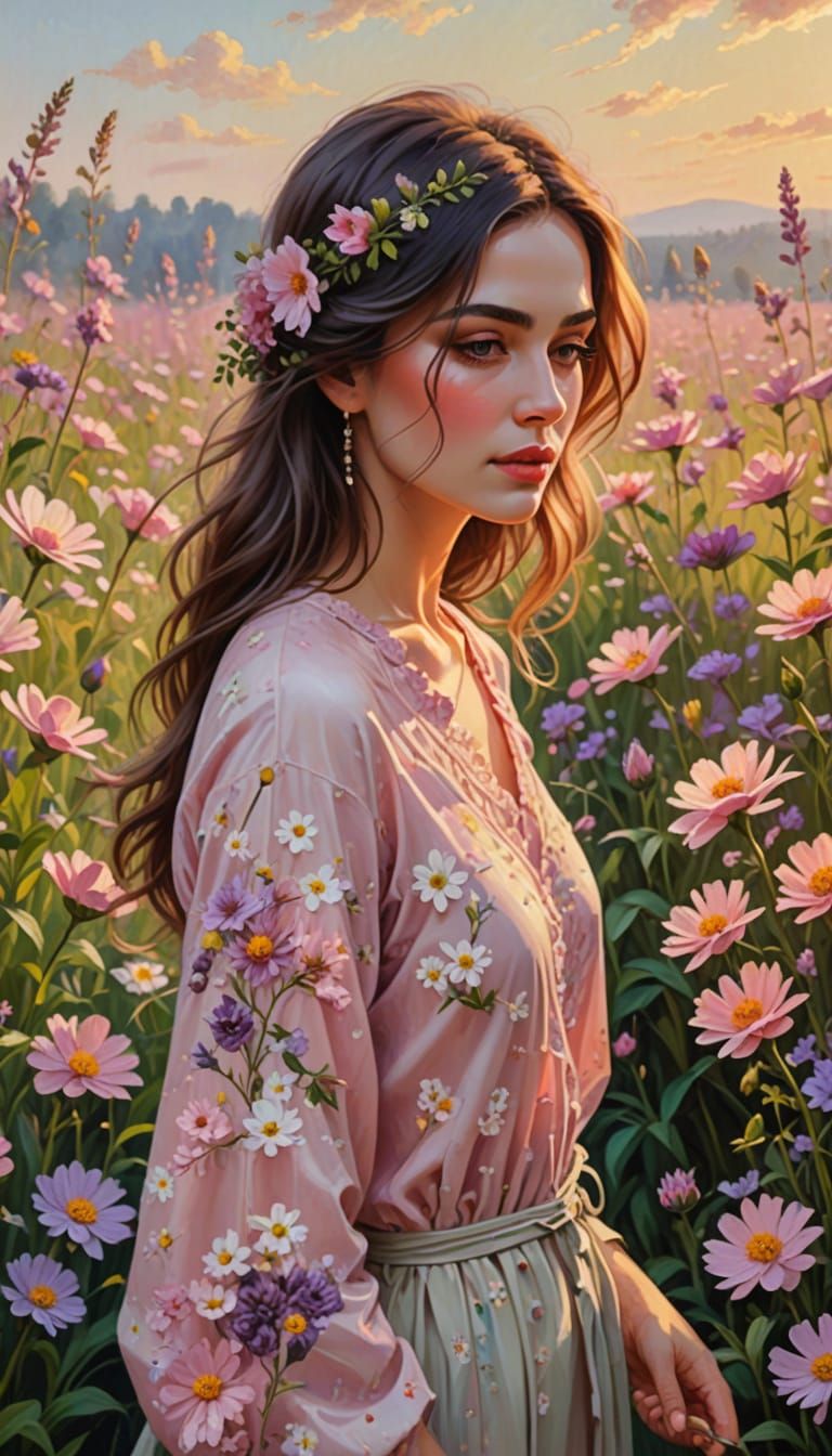 Woman in a Field of Soft Blooms, in Impressionist Oil Painti...