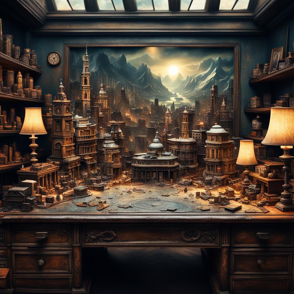 City Diorama on Antique Desk: Digital Matte Painting
