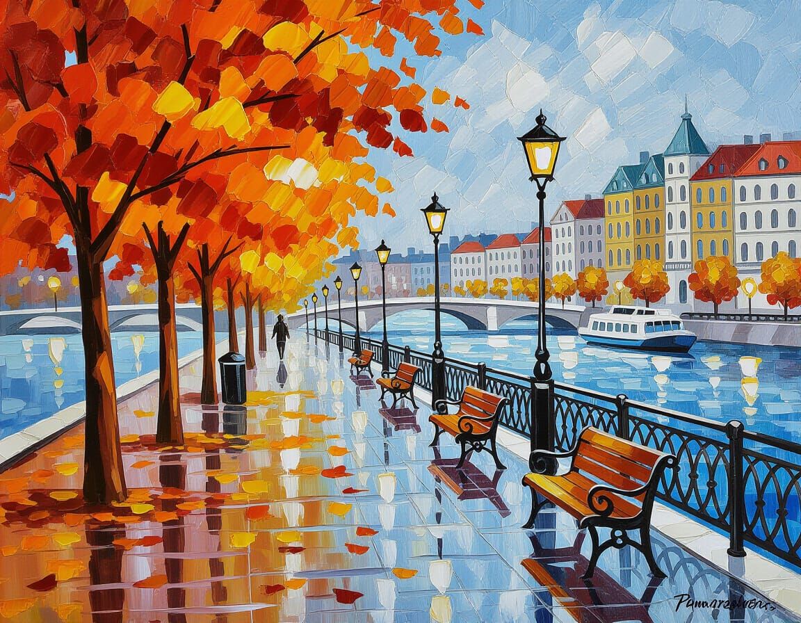 Vibrant Impressionist Autumn Riverside Promenade Painting