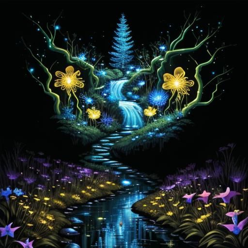 Bioluminescent Forest Stream Fantasy Art