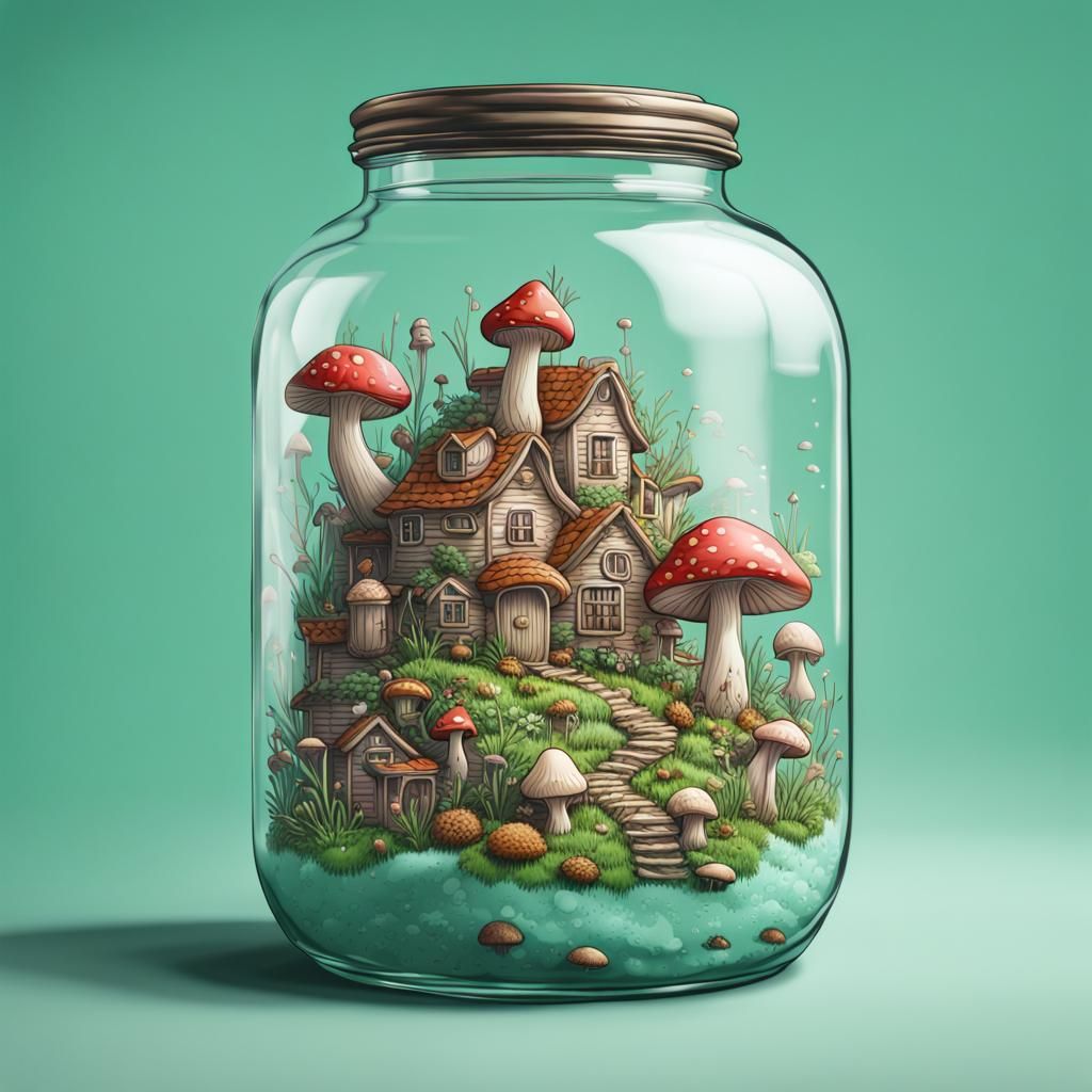Fairy City in a Jar: Hyperrealistic Mushroom Village