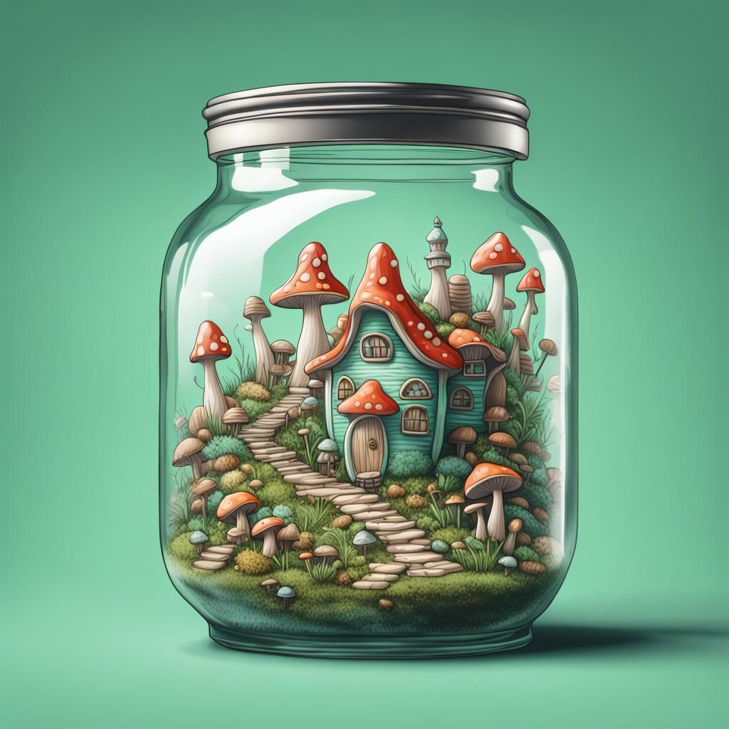 Fairy Village in Glass Jar: Hyperdetailed Illustration