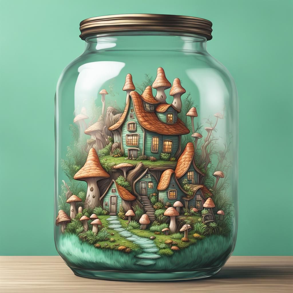 Fairy Village in a Jar: Hyperrealistic Illustration