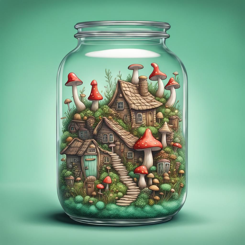 Fairy Village in Glass Jar: Hyperrealistic Illustration