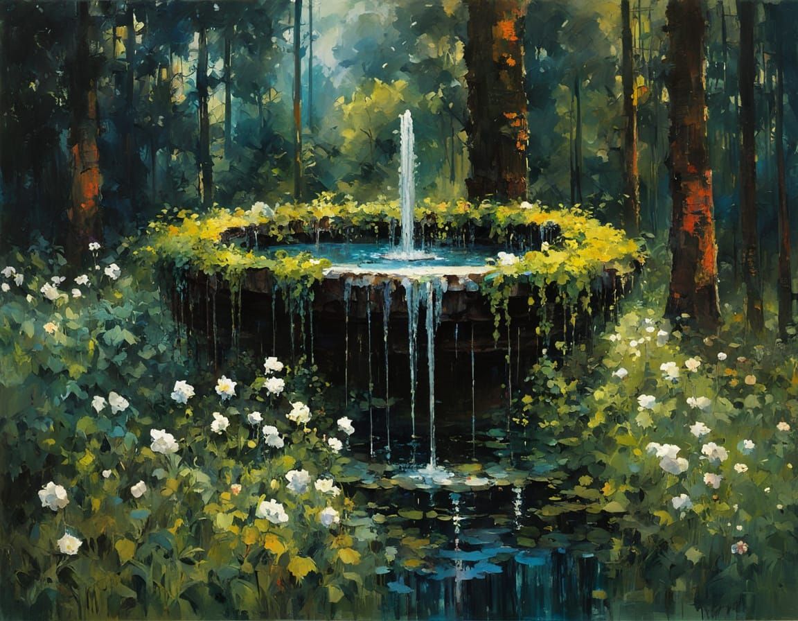 Surrealistic Landscape with Water Fountain and Blooming Clim...
