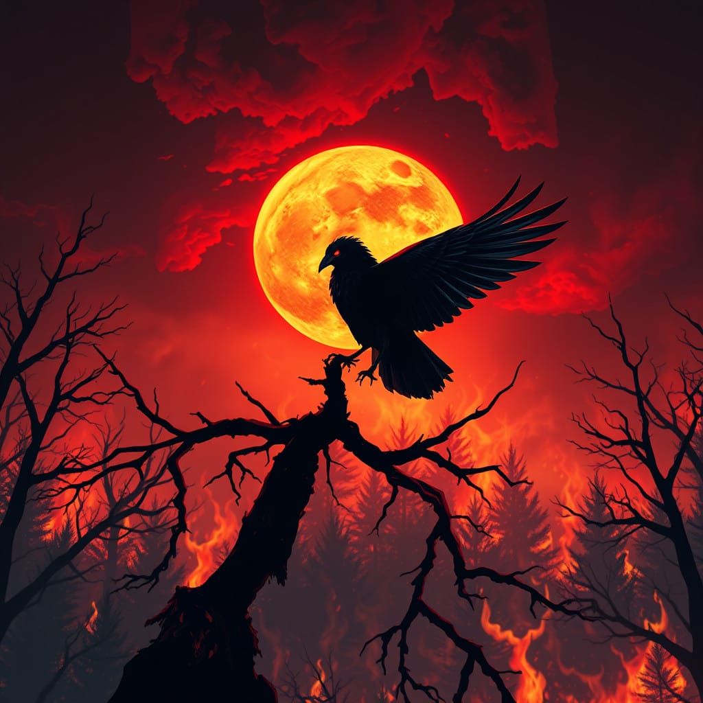 Majestic Raven Silhouetted Against Blazing Inferno