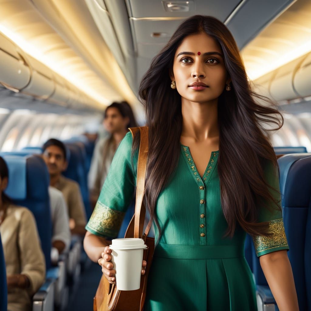 Indian Woman on Plane Aisle in Oil Painting Style