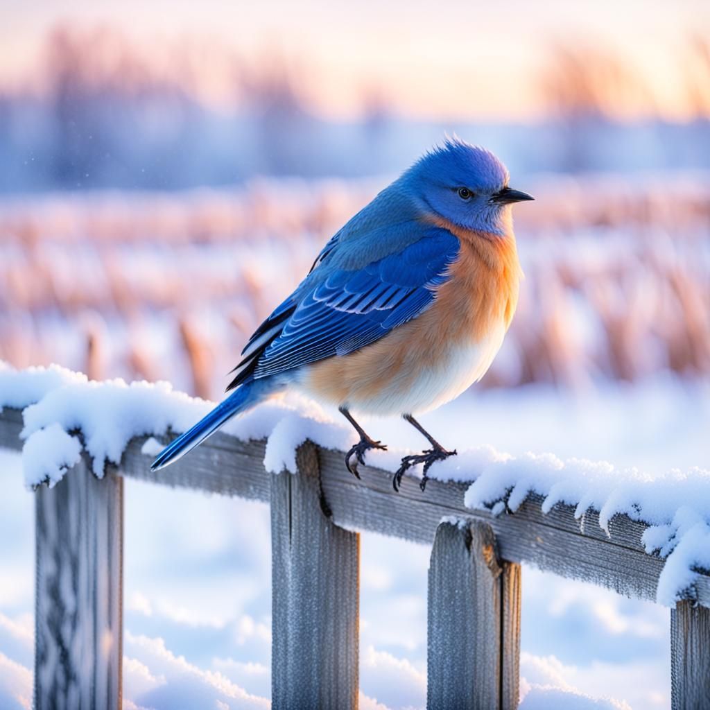 Impressionist Watercolor Bird Perched on Snowy Fence at Sunr...