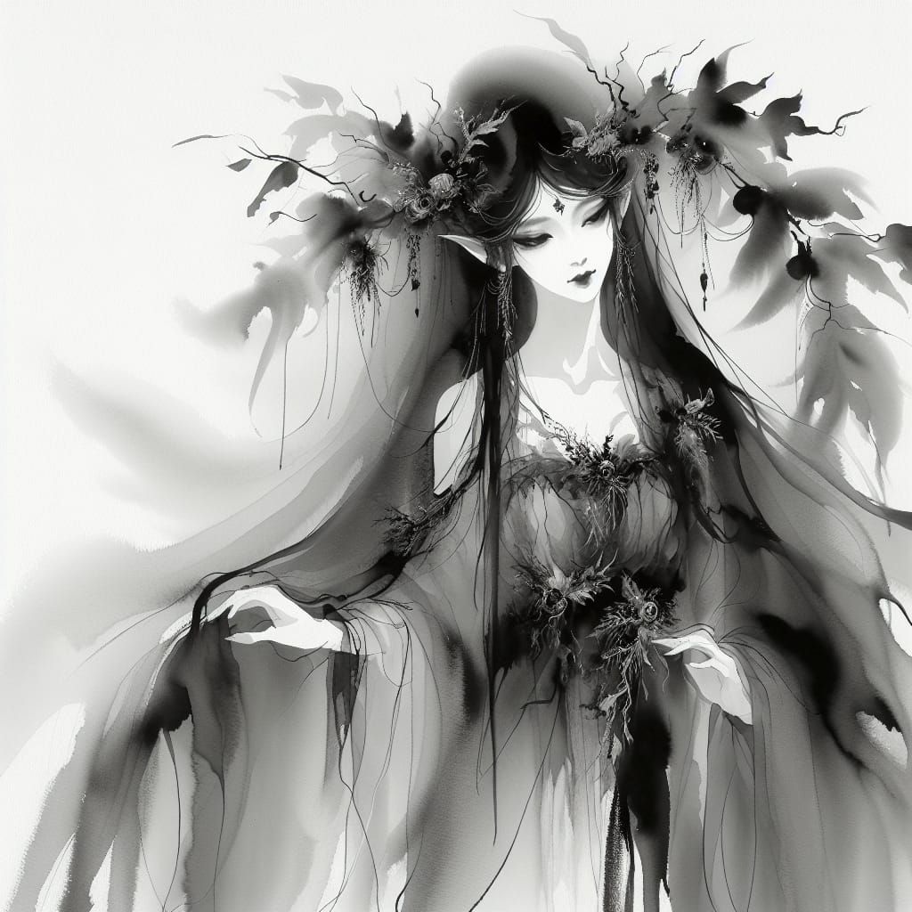 Ethereal Unseelie Fae in Chinese Ink Painting Style