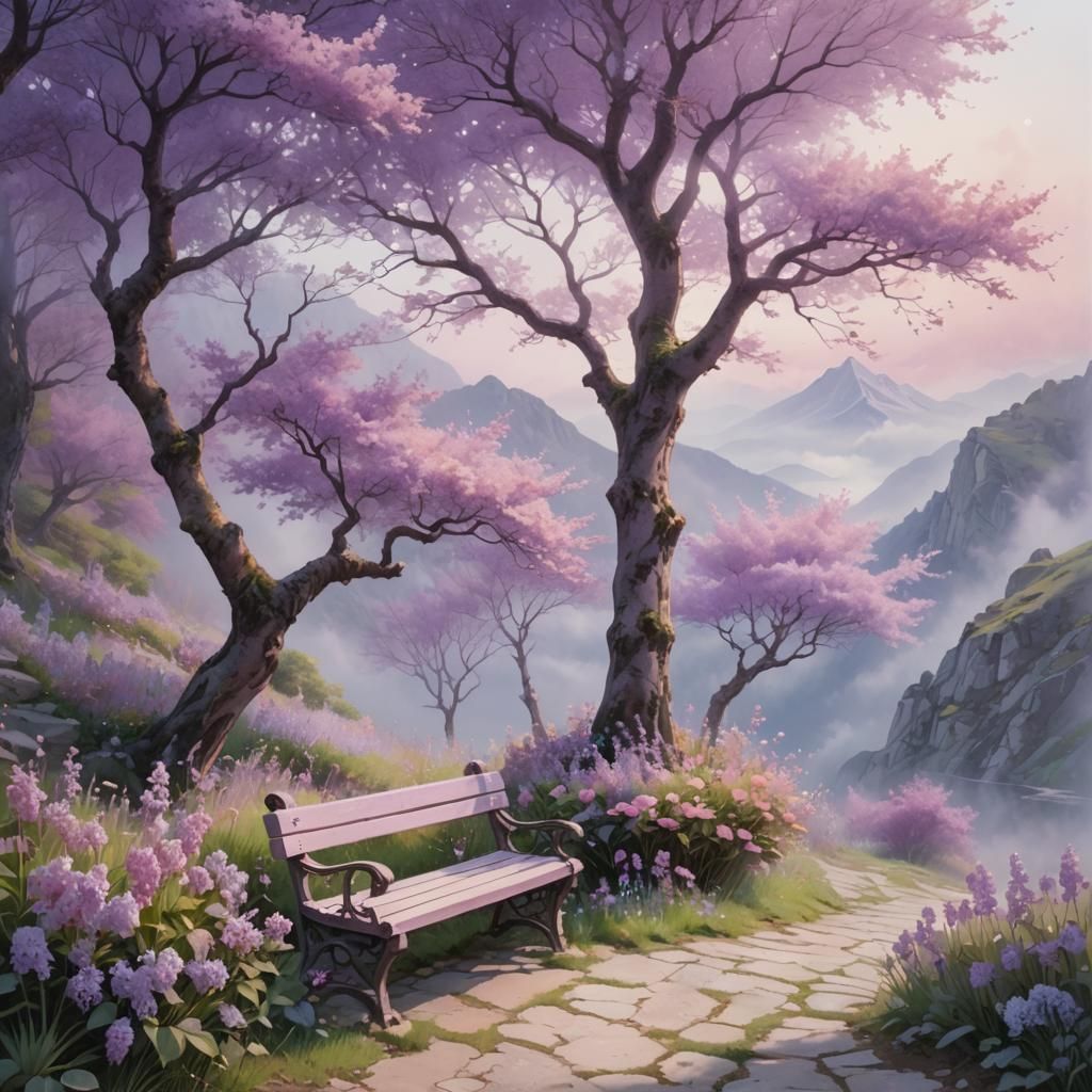 Bench Under Tree With Flowers in Pastel Colors
