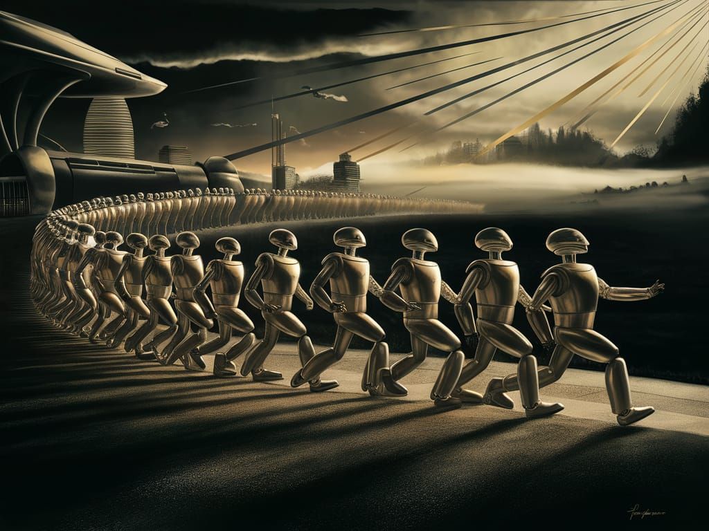 Robots Do Silly Walks in Retrofuturistic Cityscape