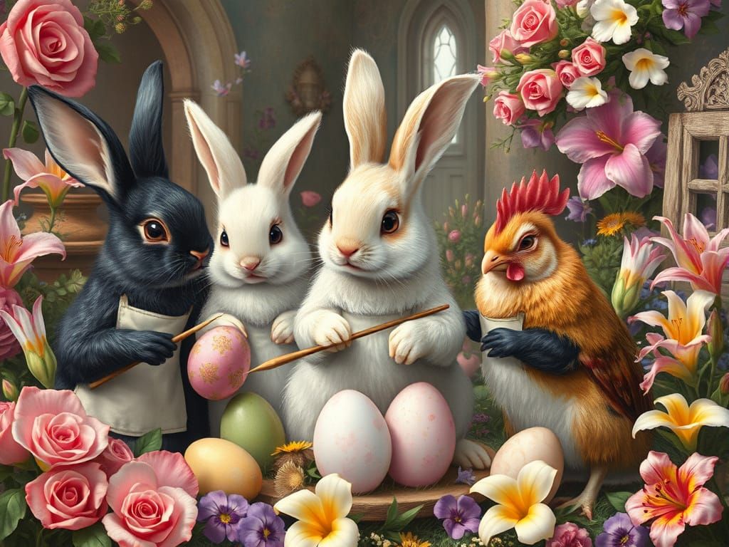 Easter Bunnies Painting Eggs in Fairytale World