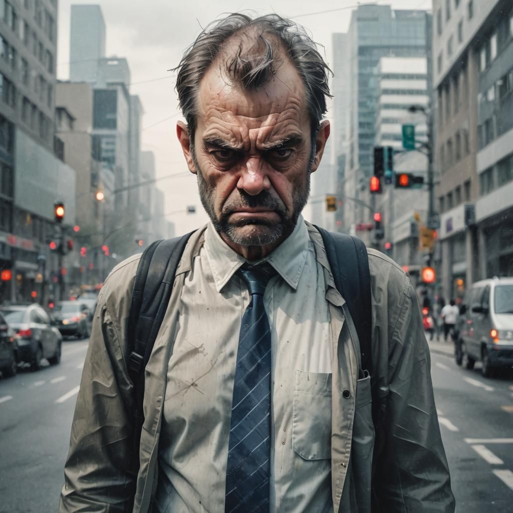 Grumpy Commuter: Hyperrealistic Mixed Media Double Exposure